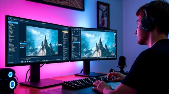Configuration d'un écran de streaming avec plusieurs moniteurs et une interface OBS.
