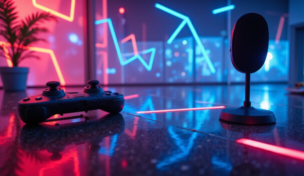Vue abstraite d'une scène de streaming avec des éléments lumineux et des icônes de jeu.
