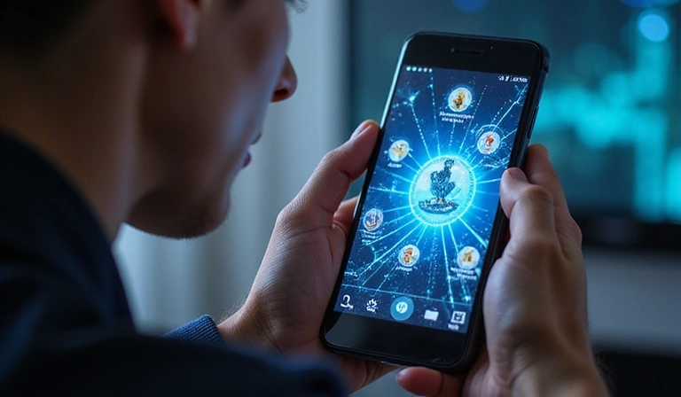 Personne streamant depuis un téléphone mobile avec des graphiques de jeu flottants.