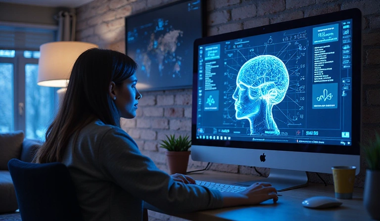 Représentation visuelle de l'intelligence artificielle interagissant avec des éléments de streaming, des icônes de données et un cerveau stylisé.