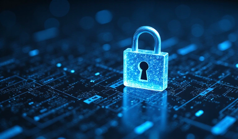 Illustration de la protection des données personnelles avec un cadenas et des symboles de confidentialité