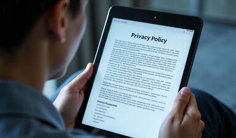 Illustration d'une personne lisant un document de politique de confidentialité sur une tablette