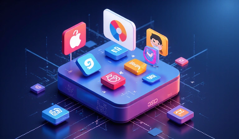 Illustration abstraite d'une boîte à outils numérique avec diverses icônes d'applications représentant des outils pour streamers.